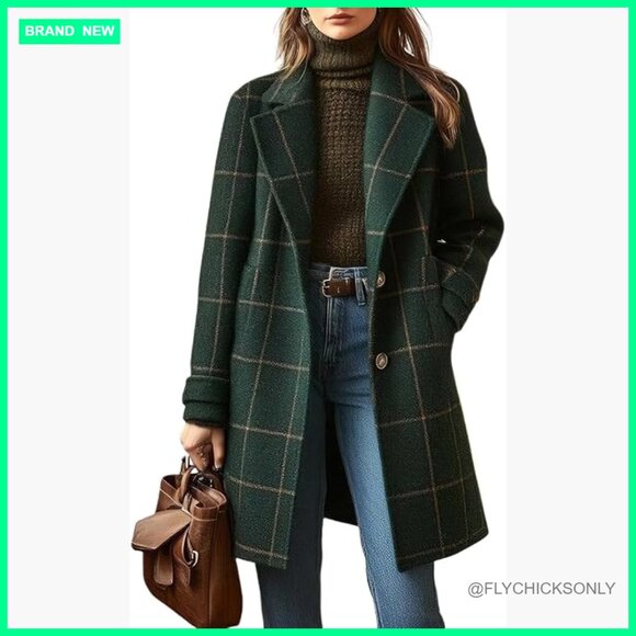 Women's Wool Trench Coat Notched Collar Plaid Overcoat Button Down